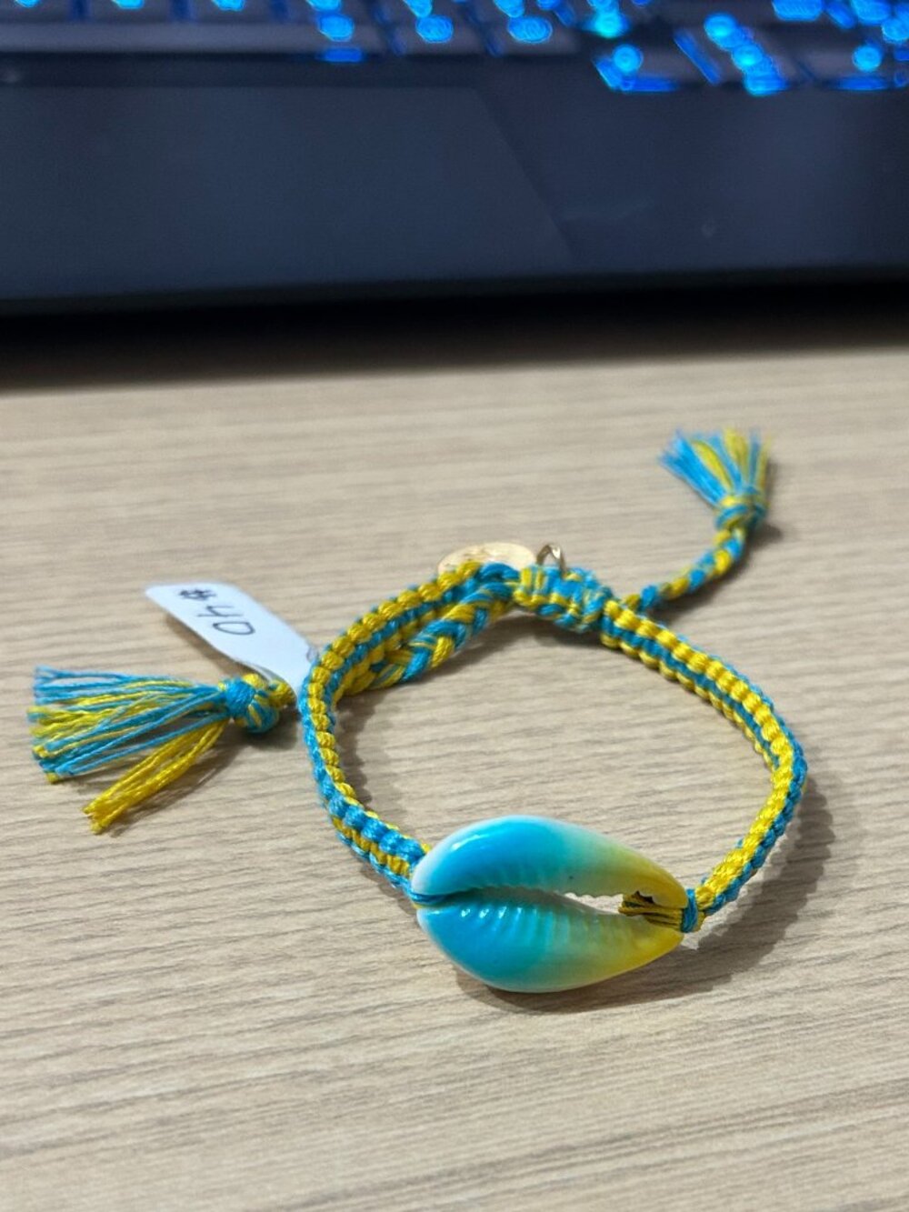 Venessa Arizaga Blue & Yellow Woven Cowrie Shell Bracelet Adjustable